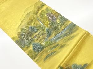 作家物　引箔手描き山並に木々・川・民家風景模様袋帯